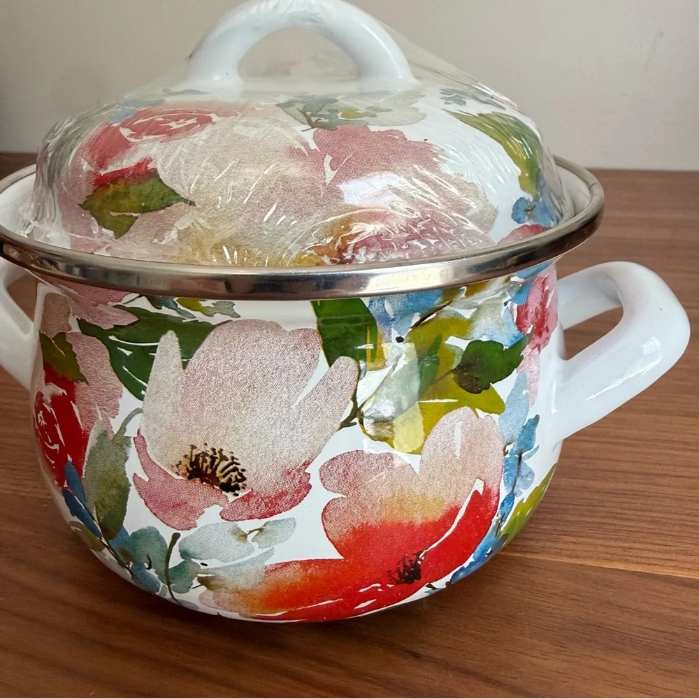 Brand New Crofton 1 Quart Mini Dutch Oven / Casserole Pot - Bright Floral Enamel